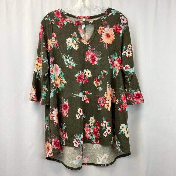MTS Womens Top Multicolor Floral 3/4 Sleeve Bell Stretch High Low USA Medium - Picture 1 of 12